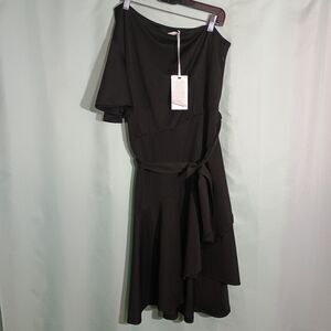 Womens Black One Shoulder Dress Asymmetrical Tie Waist Ruffle Hem Cocktail Dress
